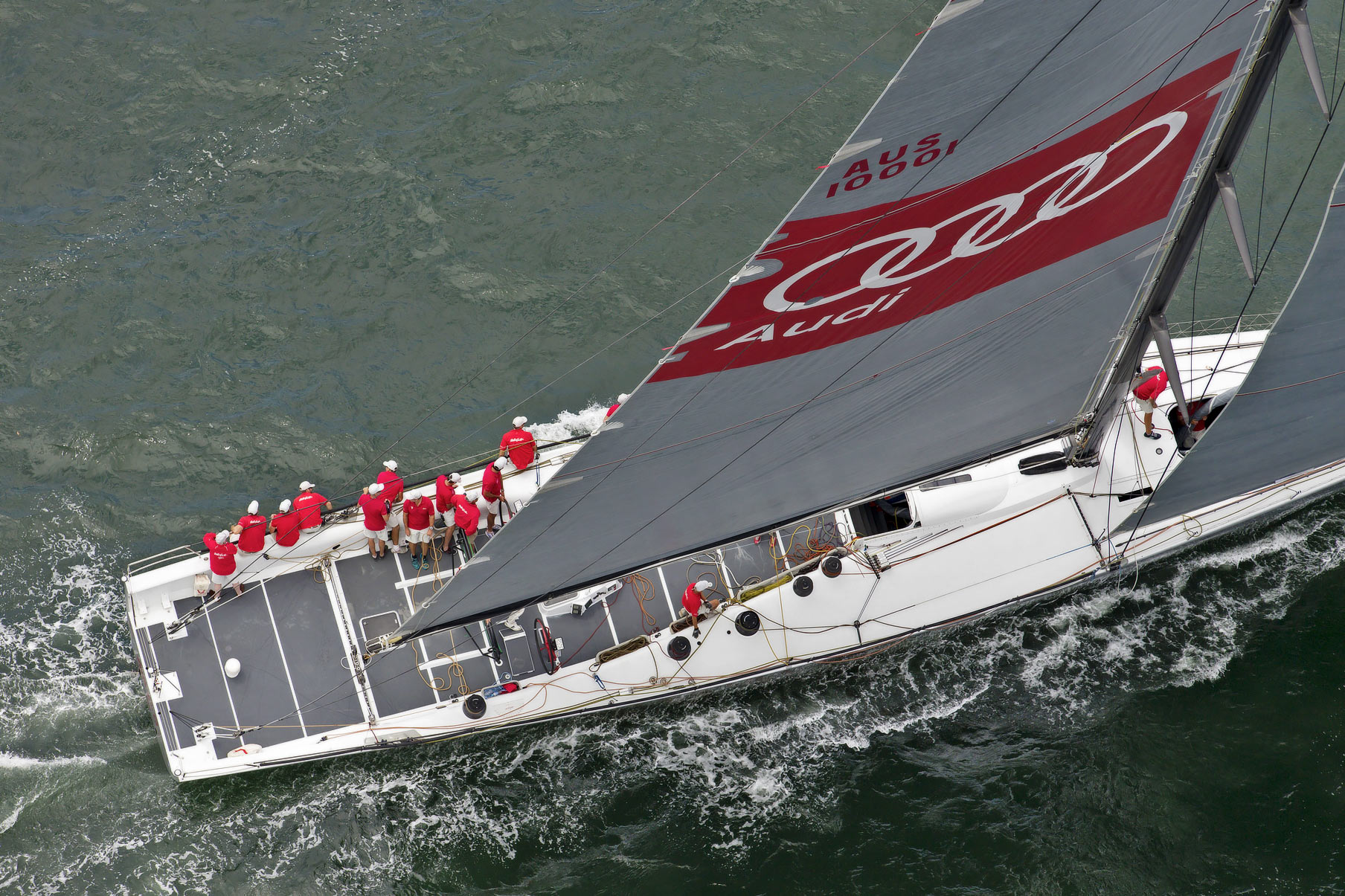 Wild Oats XI crosses the line in the 2017 Land Rover Sydney Gold Coast Yacht Race.