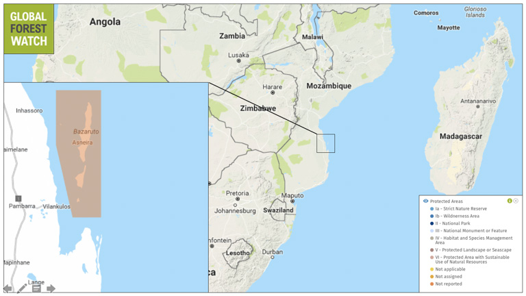 Bazaruto map of marine reserve, Mozambique.